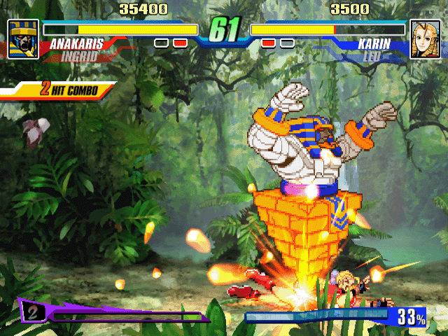 Capcom Fighting Evolution (PlayStation 2) screenshot: Spine-crushing Darkstalker action in the jungle.