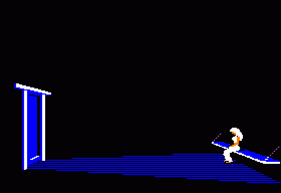 Karateka (Apple II) screenshot: Captured princess Mariko is waiting for you in her cell...