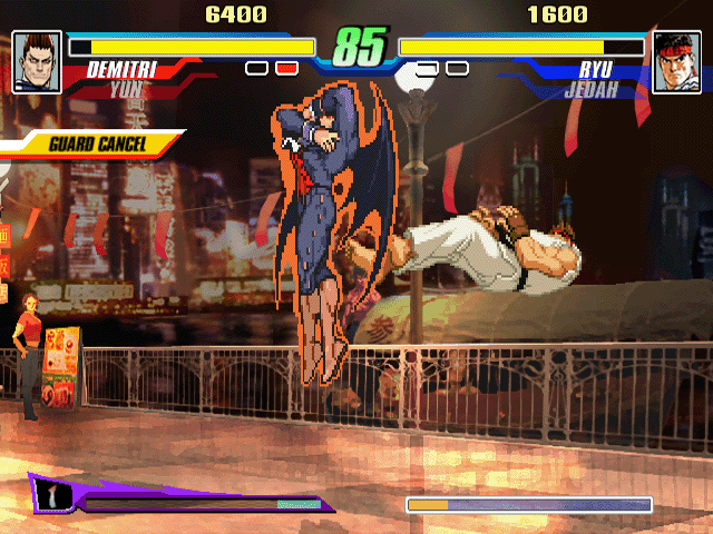 Capcom Fighting Evolution (PlayStation 2) screenshot: Darkstalker and Street Fighter clash.
