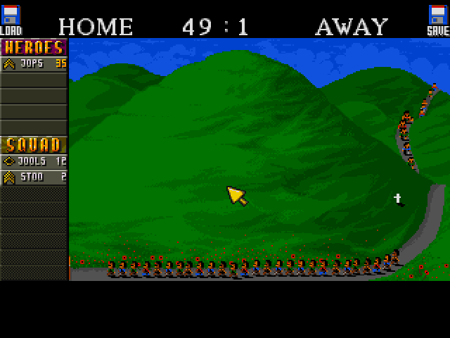 Cannon Fodder (Amiga) screenshot: A bunch of anxious recruiters, won't take this serious enough until more crosses start appearing.