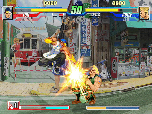 Capcom Fighting Evolution (PlayStation 2) screenshot: Guile takes his punches sitting down.