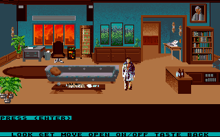 Mean Streets (DOS) screenshot: Tex checks out Carl Linsky's place.