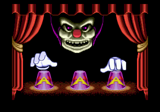 Aero the Acro-Bat 2 (Genesis) screenshot: A mini-game. Ektor will quickly switch cups, and you should guess under which one is the prize