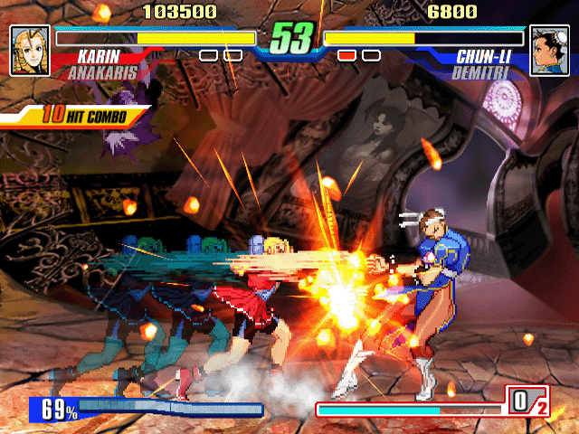Capcom Fighting Evolution (PlayStation 2) screenshot: Chun Li under ferocious attack in Darkstalker land.
