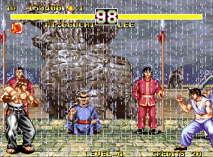 Fighter's History Dynamite (Neo Geo) screenshot: "Don't you think it's raining too much to fight?"