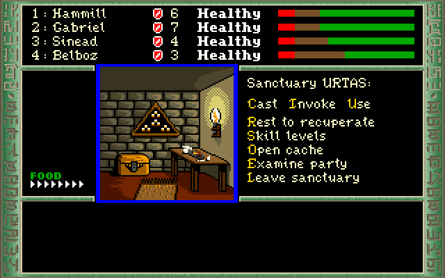 The Dark Heart of Uukrul (DOS) screenshot: One of the many Sanctuaries: here, the party can rest, gain level, or stash objects