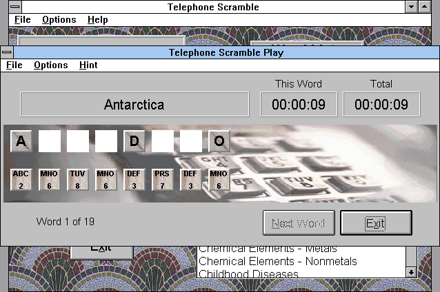 Crosswords & Word Games (Windows 16-bit) screenshot: Telephone Scramble