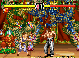Fighter's History Dynamite (Neo Geo) screenshot: Fighting Feilin at a festival?