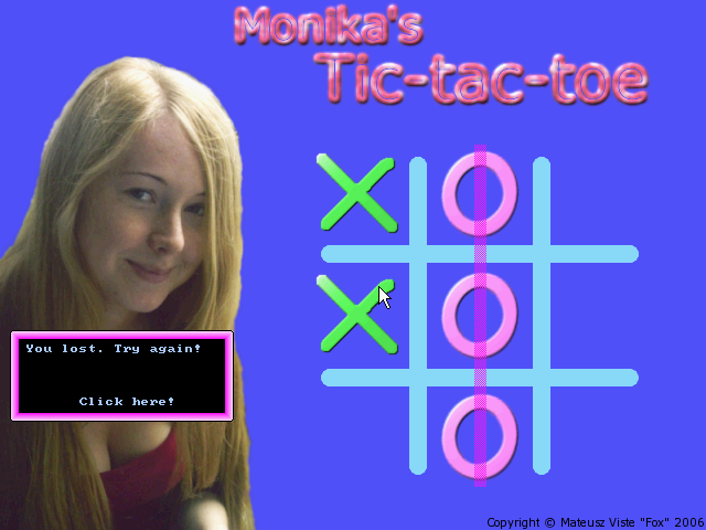 Monika's Tic Tac Toe (DOS) screenshot: Game lost