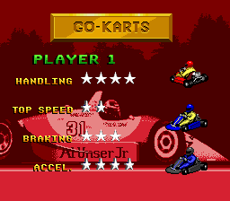 Al Unser Jr.'s Road to the Top (SNES) screenshot: Select a go-kart