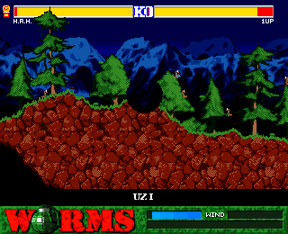 Worms (Amiga CD32) screenshot: Forest terrain.