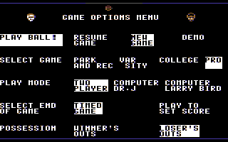 One-on-One (Commodore 64) screenshot: Game options