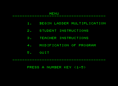 ladder Mult. (Commodore PET/CBM) screenshot: Main menu