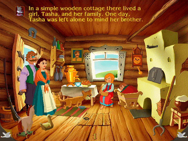 Magic Tales: Baba Yaga and the Magic Geese (Windows) screenshot: Tasha's parents are leaving and tell her to take care of Niki. Guess what will happen... I already know. ;)