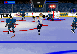 Wayne Gretzky's 3D Hockey '98 (PlayStation) screenshot: Weird pose.