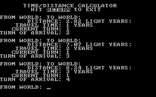 Galaxy (DOS) screenshot: The calculator lets you figure out interplanetary travel times (CGA)