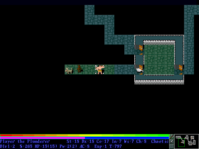 AllegroHack (DOS) screenshot: Several monsters in a partly explored corridor.