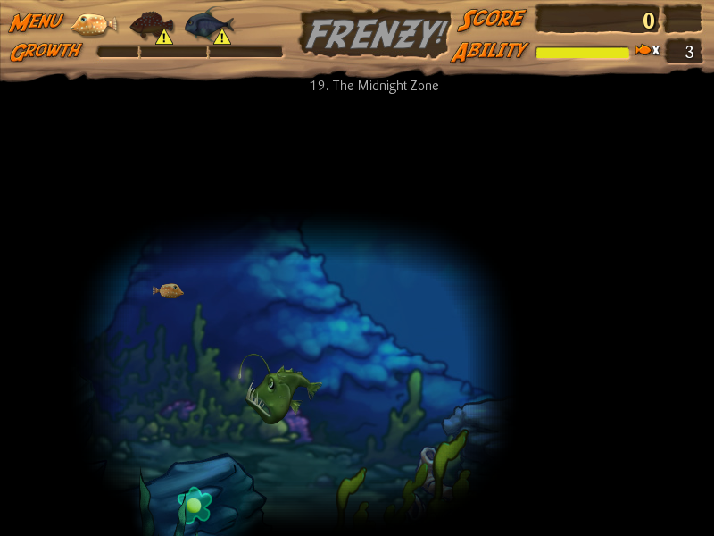 Feeding Frenzy 2: Shipwreck Showdown (Windows) screenshot: Midnight Zones make it hard to see. Eat plankton to increase the amount of light.