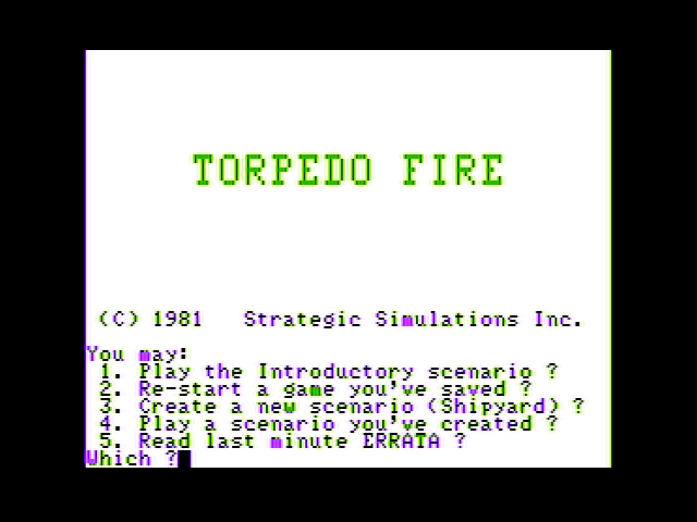 Torpedo Fire (Apple II) screenshot: Title and main menu