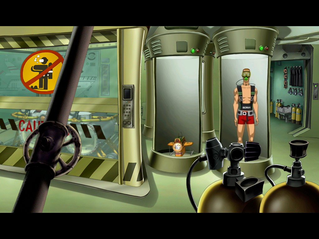 Runaway 2: The Dream of the Turtle (Windows) screenshot: Suited up for diving - going down!