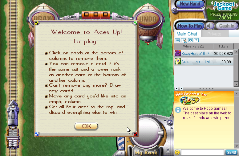Aces Up! (Browser) screenshot: Instructions.