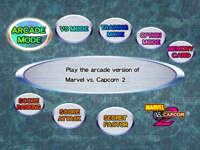 Marvel vs. Capcom 2 (Dreamcast) screenshot: Main menu.