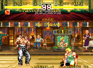 Fighter's History Dynamite (Neo Geo) screenshot: Fighting Jean outside Café Le Pierre