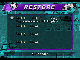 FIFA Soccer 95 (Genesis) screenshot: Up to four games can be stored