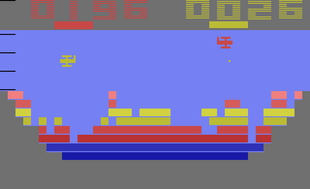 Canyon Bomber (Atari 2600) screenshot: Helicopters take turns bombing the canyon.