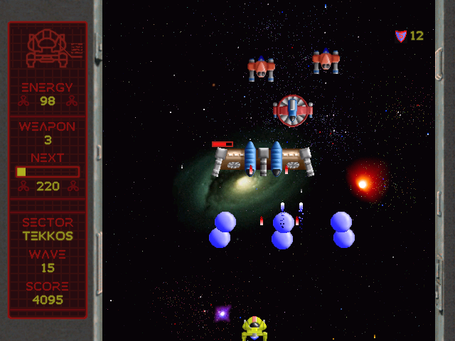 Outbreak (Windows) screenshot: Level 15 - The big ship is firing these big "bubbles"