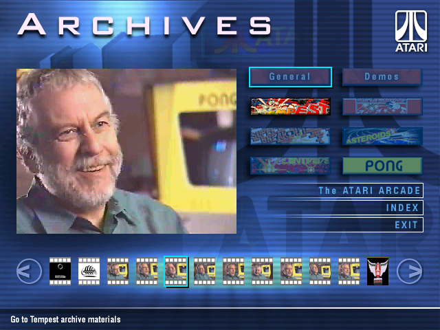 Atari: Anniversary Edition (Windows) screenshot: Volume 1 archives, viewing an interview with Nolan Bushnell.