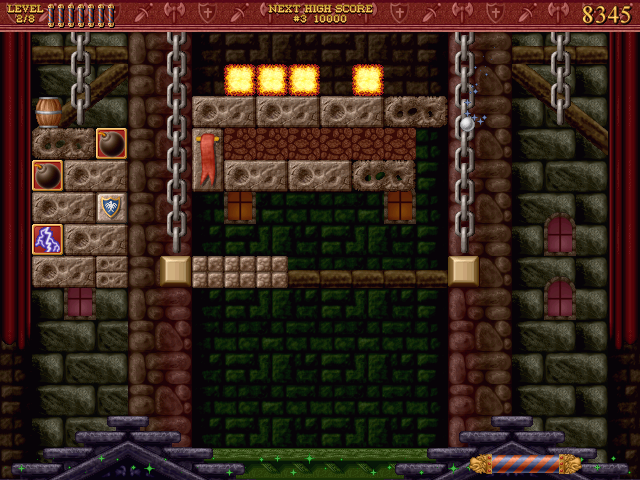 Bricks of Camelot (Windows) screenshot: Castle Level 2 - the green thing at the bottom of the screen is a ball catcher