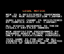 Guru Logic (MSX) screenshot: Legal notice
