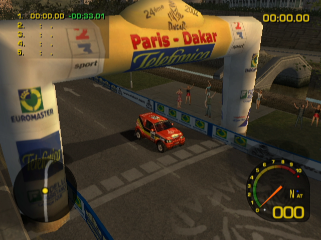Dakar 2: The World's Ultimate Rally (GameCube) screenshot: It's strange how the starting gate doesn't cast a shadow on the truck.