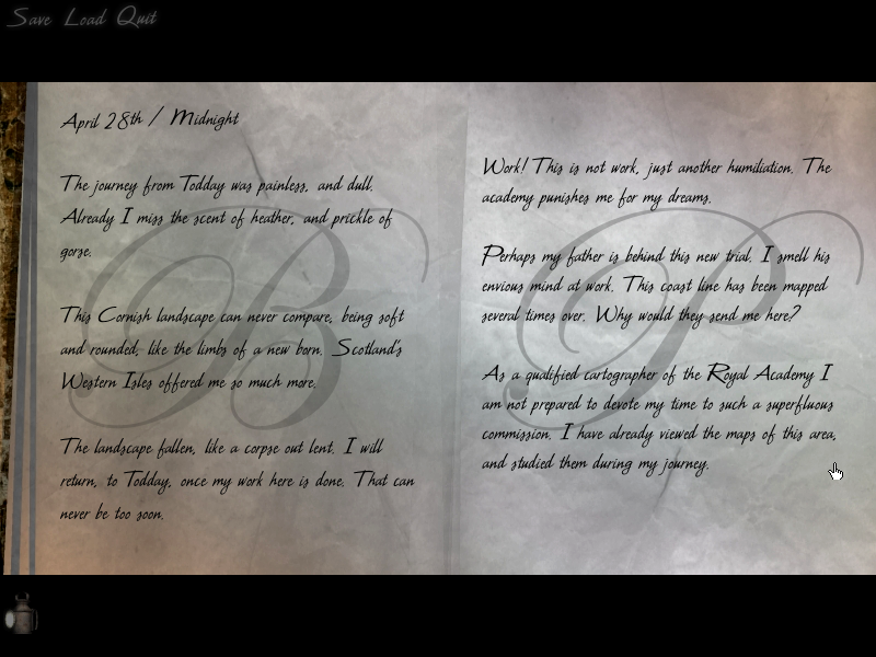 Lights Out (Windows) screenshot: Reading the journal is the way to progress, and eventually skip to other time periods