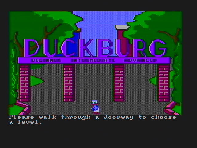 Donald Duck's Playground (PC Booter) screenshot: Choose a difficulty level (CGA with composite monitor)