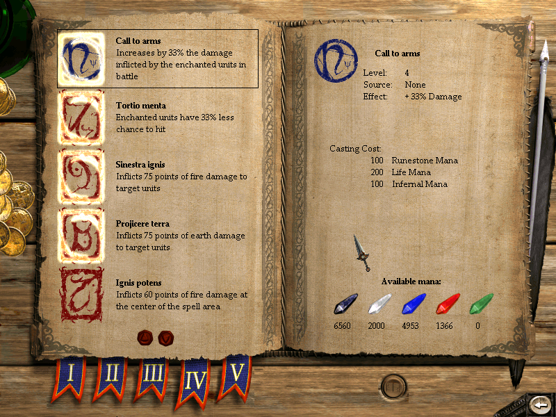 Disciples II: Dark Prophecy (Windows) screenshot: Each race has their own unique spell list. Spells in this game however need to be researched first before using. You can also acquire spells by buying from merchants or offers from other players.