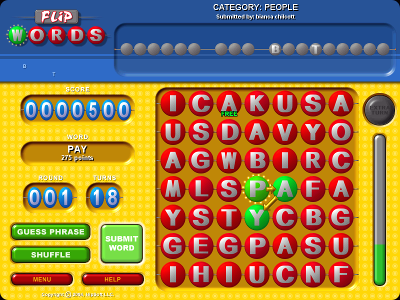 Flip Words (Windows) screenshot: Scoring a word, and revealing the letter 'p' in the person's name in question (if it has a 'p')