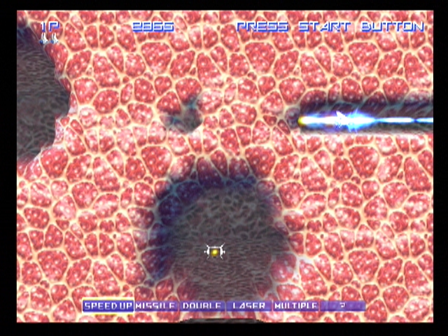 Gradius V (PlayStation 2) screenshot: Blasting through a solid wall...