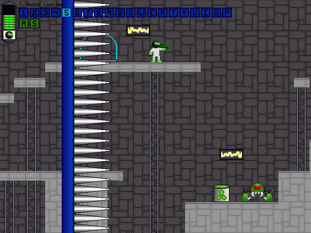 Gunner 3 (Windows) screenshot: The spikes are moving fast through the level, killing anything in its way - including the Gunner