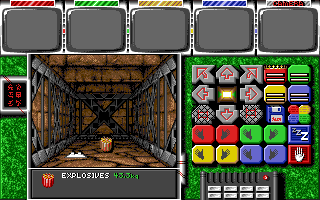 Captive (Amiga) screenshot: Entered the base, notice the dynamite which is needed to flatten this base (later on)