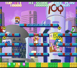 Chip Chan Kick! (PC-FX) screenshot: Boss stage. Look at the PC-FX commercial in the background :)