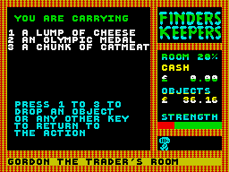 Finders Keepers (ZX Spectrum) screenshot: How would the medal and the catmeat combine?