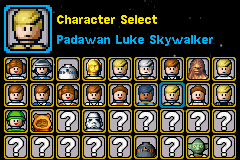 LEGO Star Wars II: The Original Trilogy (Game Boy Advance) screenshot: An half-complete character screen. While it has a lot more than the prequel, a lot of the are the same character with different clothes on