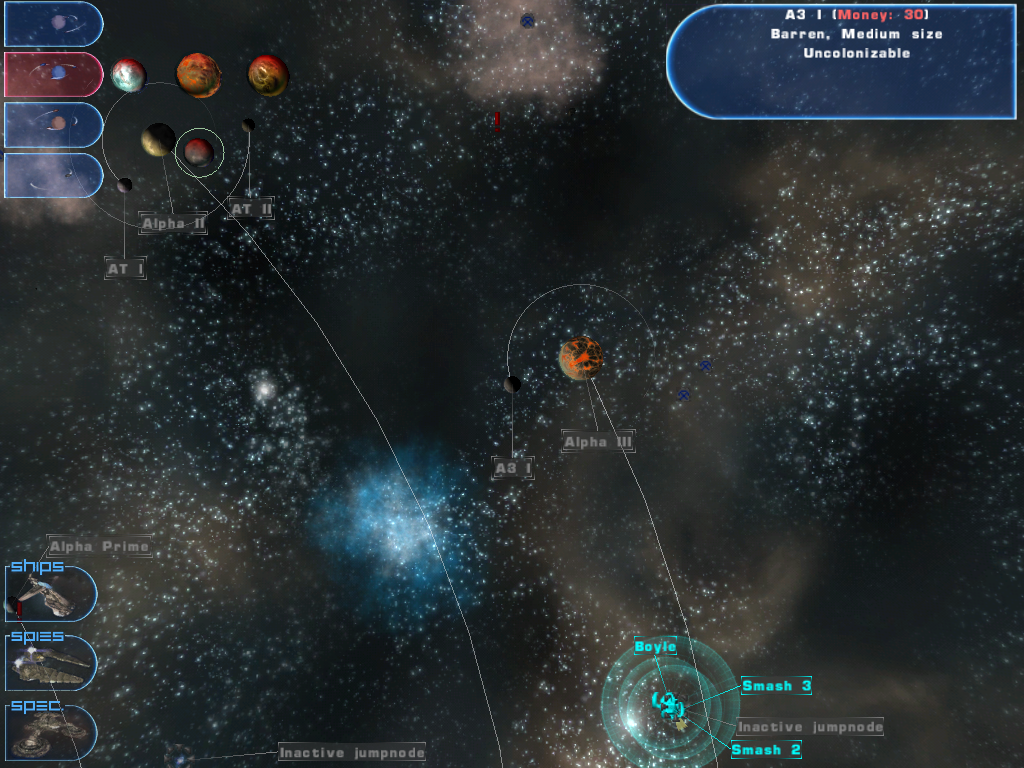 Hegemonia: Legions of Iron (Windows) screenshot: You can easily view what planets and moons are in each system in the top left (the second system shows 3 planets and the middle one shows one moon highlighted in green).