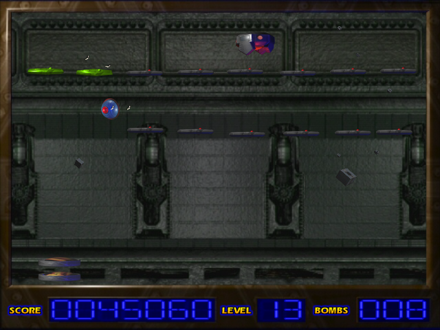 Horizon X (Windows) screenshot: Level 13 - you have to hit the enemy ship with the blue bomb - the two rows of obstacles are the enemy's shield
