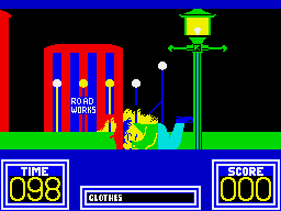 Benny Hill's Madcap Chase (ZX Spectrum) screenshot: Clattered a lamp-post