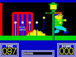 Benny Hill's Madcap Chase (ZX Spectrum) screenshot: Avoiding the same fate, having moved into the screen