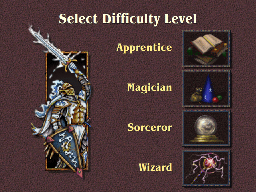 Magic: The Gathering (Windows) screenshot: Character Creation - Difficulty Level. Difficulty governs the frequency of monsters/opponents roaming, how good their strategy in cards or even random events in your favor.