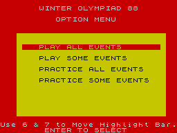 Winter Challenge: World Class Competition (ZX Spectrum) screenshot: Main menu